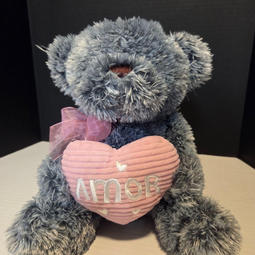 Walgreens Gray Shaggy Teddy Bear Pink Amor Heart Valentine Plush Toy